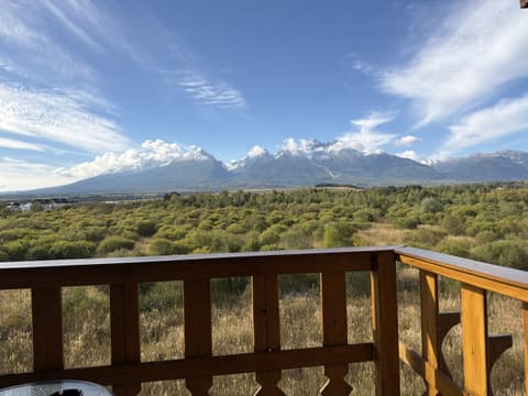 The High Tatras with snow on the peaks seen over a green meadow from the carved wooden balcony